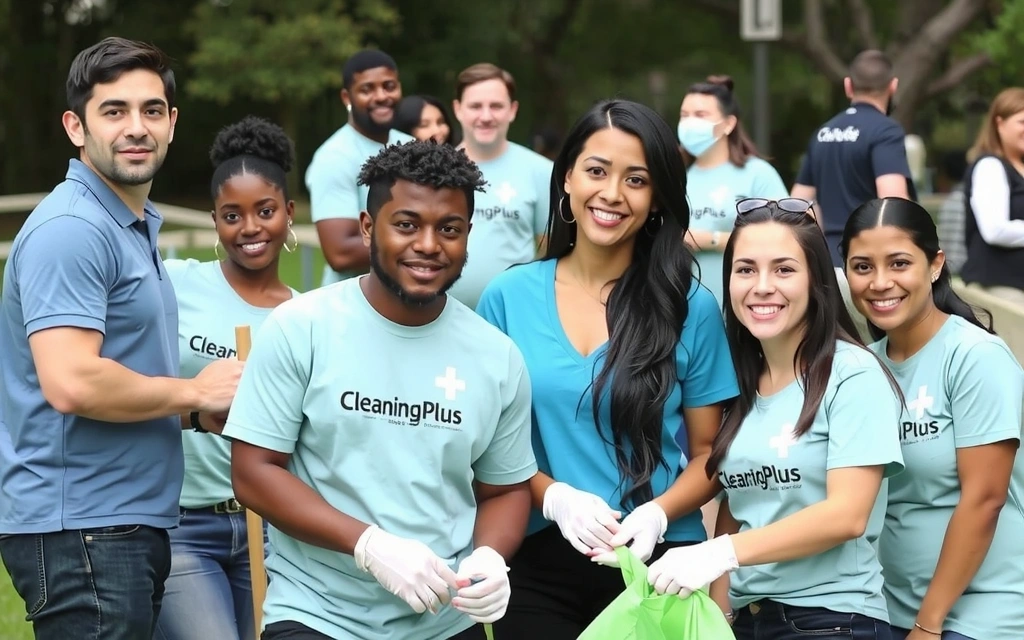 CleaningPlus team volunteering at a community event, cleaning a public park