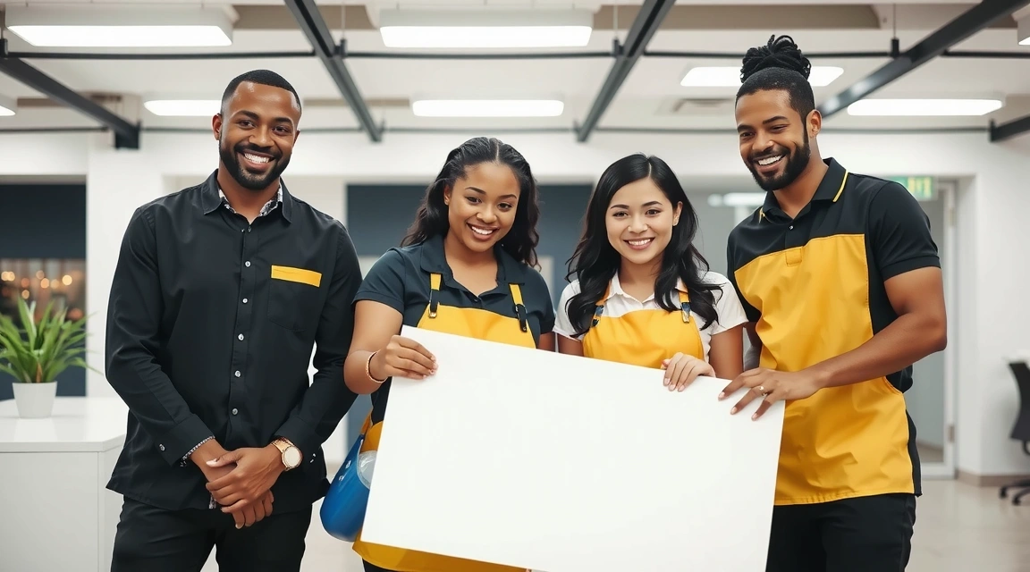 CleaningPlus team collaborating on a project with a modern office background