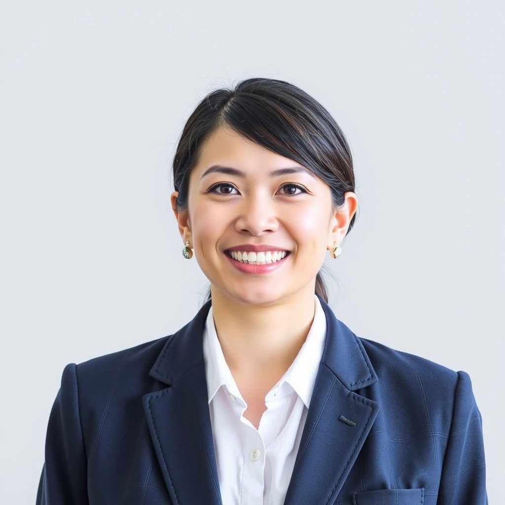 Professional portrait of a smiling woman, Sarah Chen, in a business casual attire