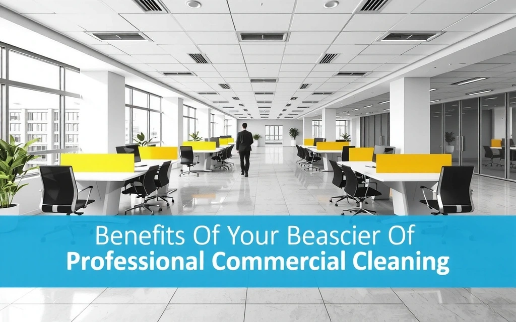 A modern, clean office environment with polished floors, sleek desks, and bright lighting, illustrating the benefits of professional commercial cleaning. No people are visible.