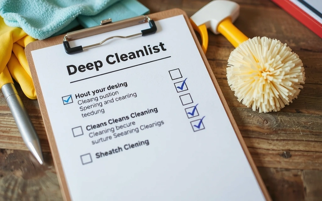 A detailed checklist for deep cleaning, with checkmarks next to various tasks, displayed on a clipboard with cleaning supplies like gloves, sponges, and a duster in the background, suggesting thoroughness.