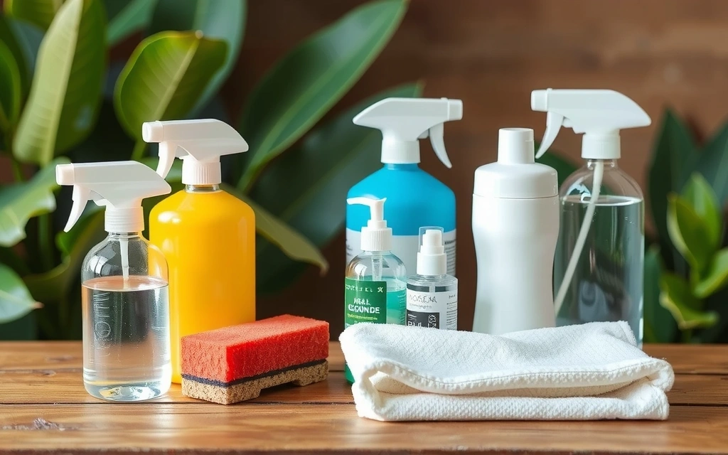 A collection of eco-friendly cleaning products, including spray bottles, natural sponges, and reusable cloths, arranged neatly on a wooden surface with green leaves in the background, conveying sustainability and cleanliness.