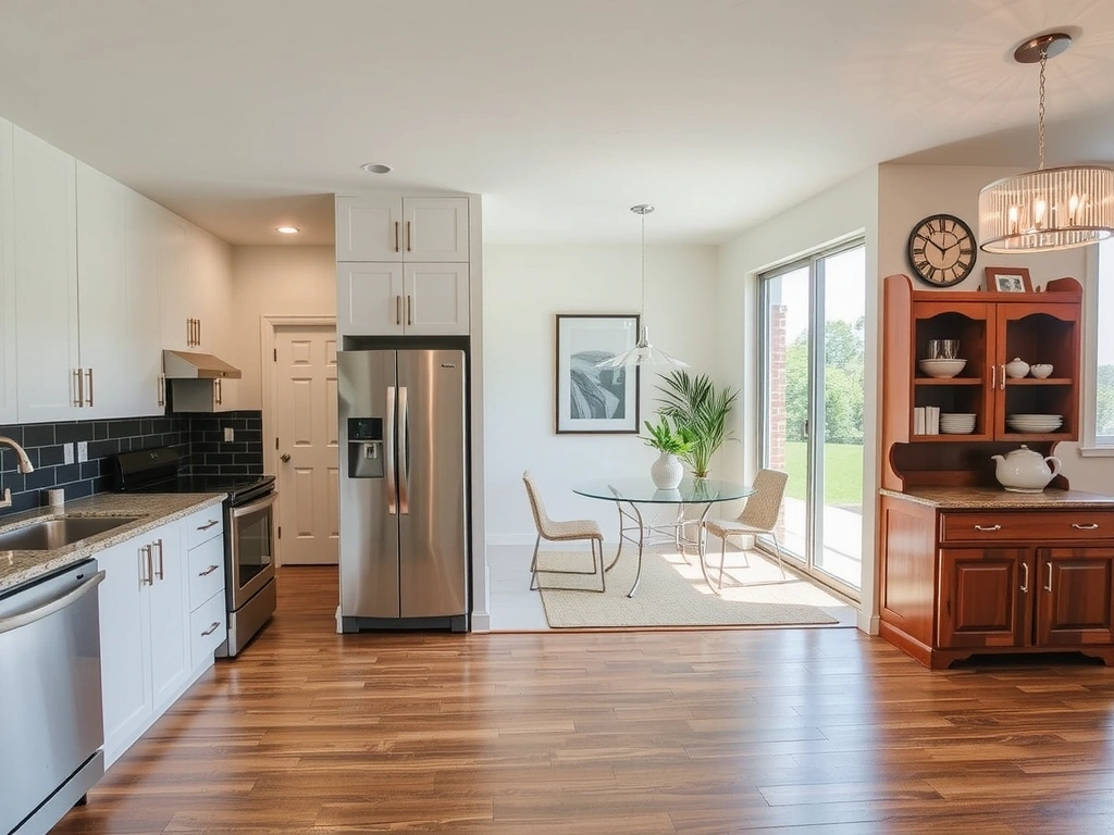 After image of a spotlessly clean residential kitchen and dining area with sparkling surfaces and polished floors.