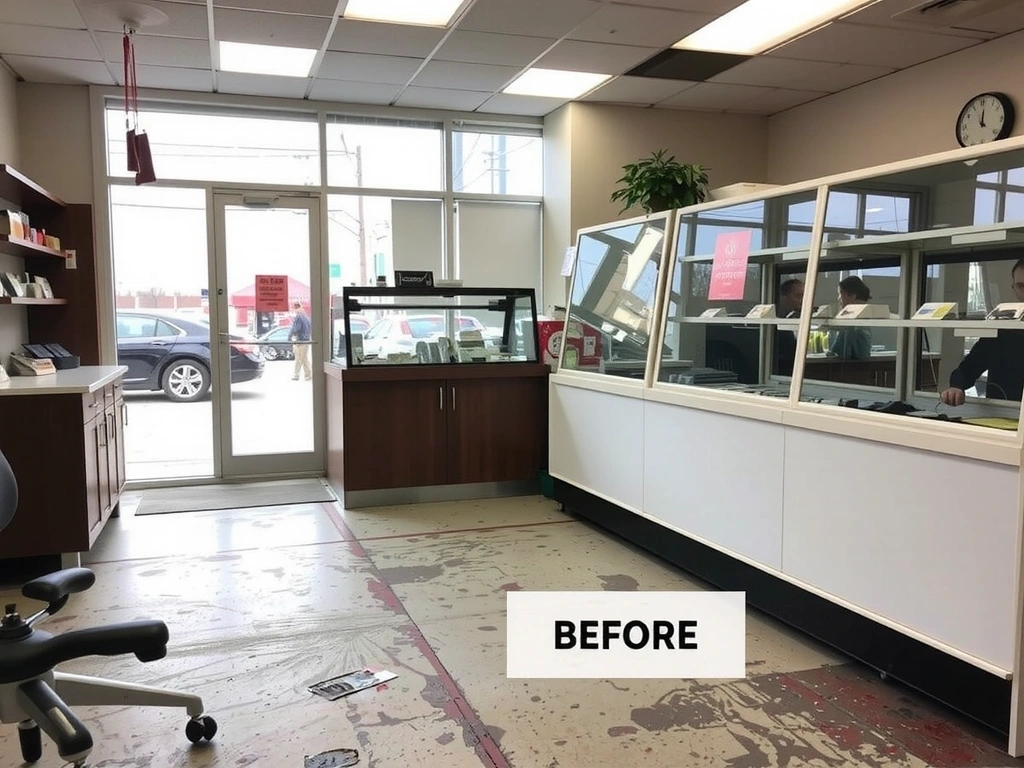 Before image of a high-traffic retail store with dirty floors and smudged displays.