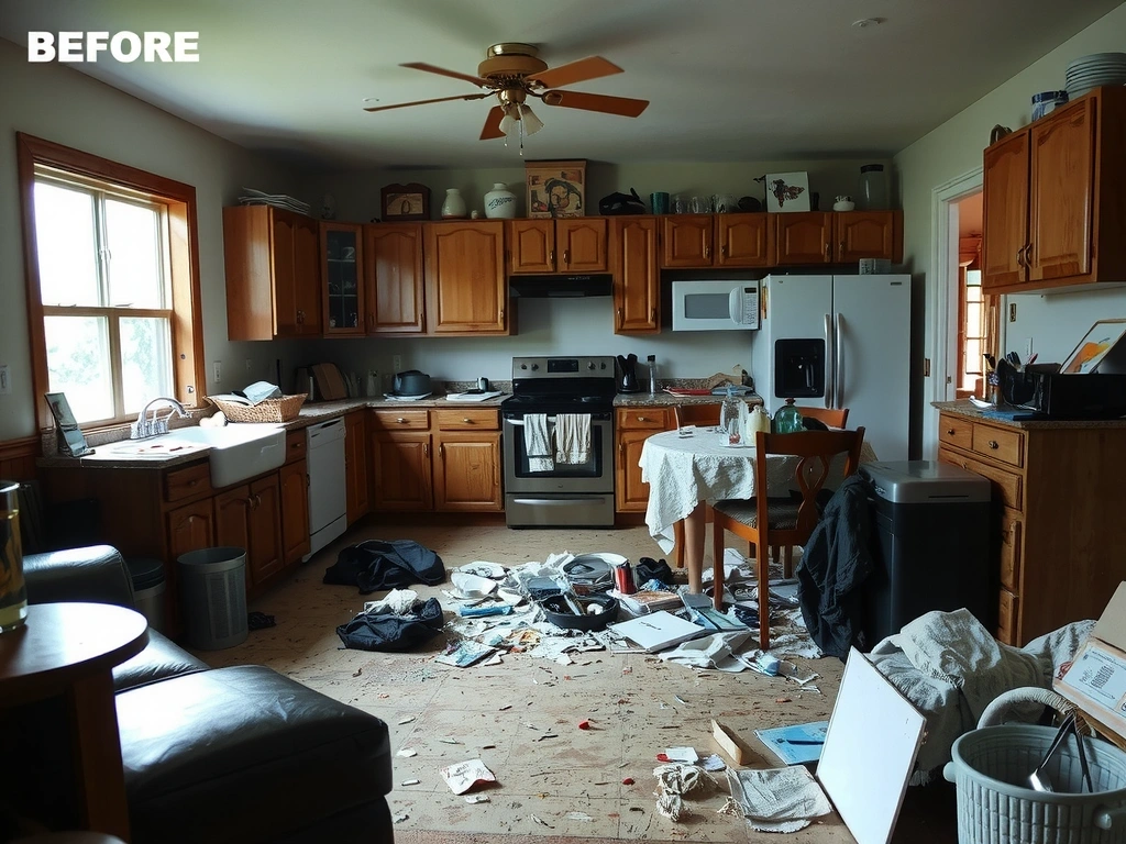 Before image of a dirty residential kitchen and dining area with cluttered surfaces and stained floors.