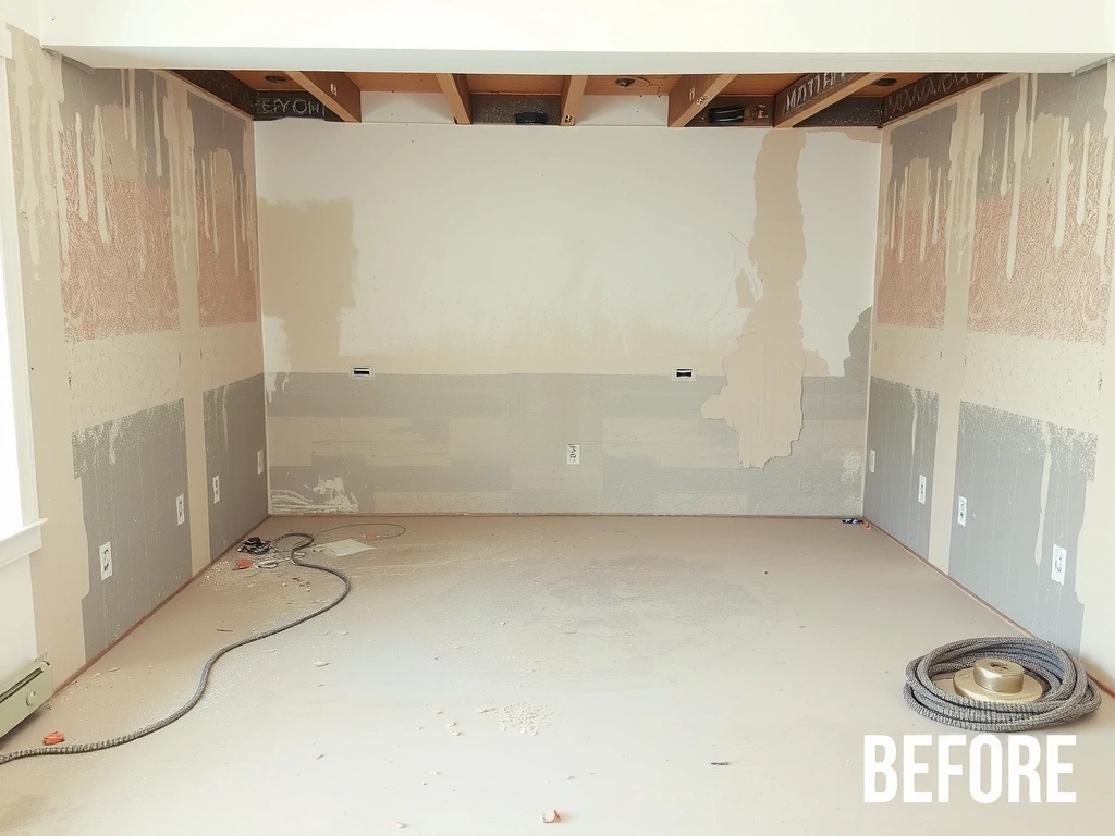 Before image of a dusty construction site interior with debris.