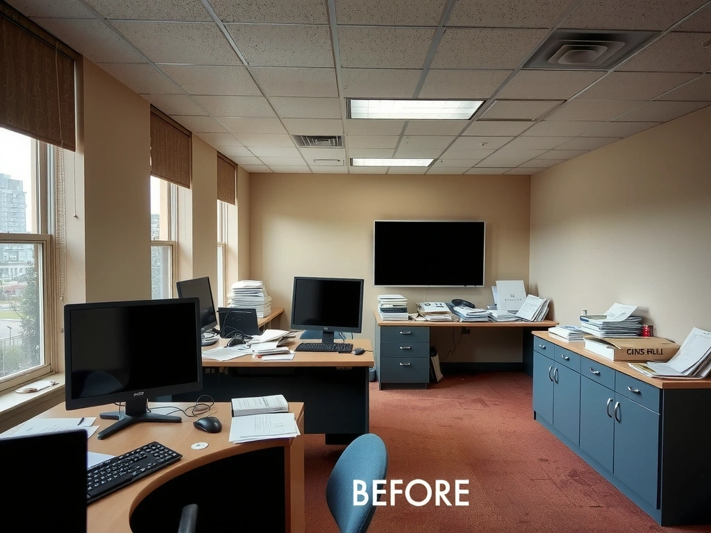 Before image of a cluttered and dusty commercial office space with visible dirt on desks and carpets.