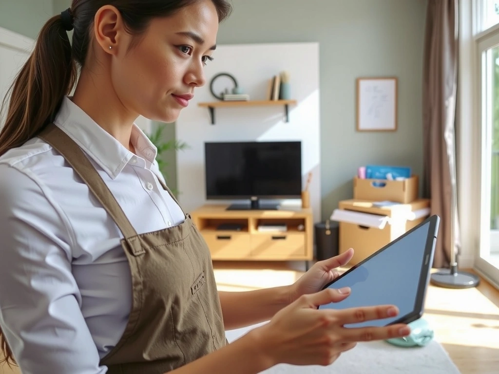 CleaningPlus team member assessing a room with a tablet.