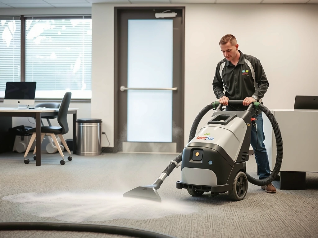 CleaningPlus team member deep cleaning a carpet with professional equipment.