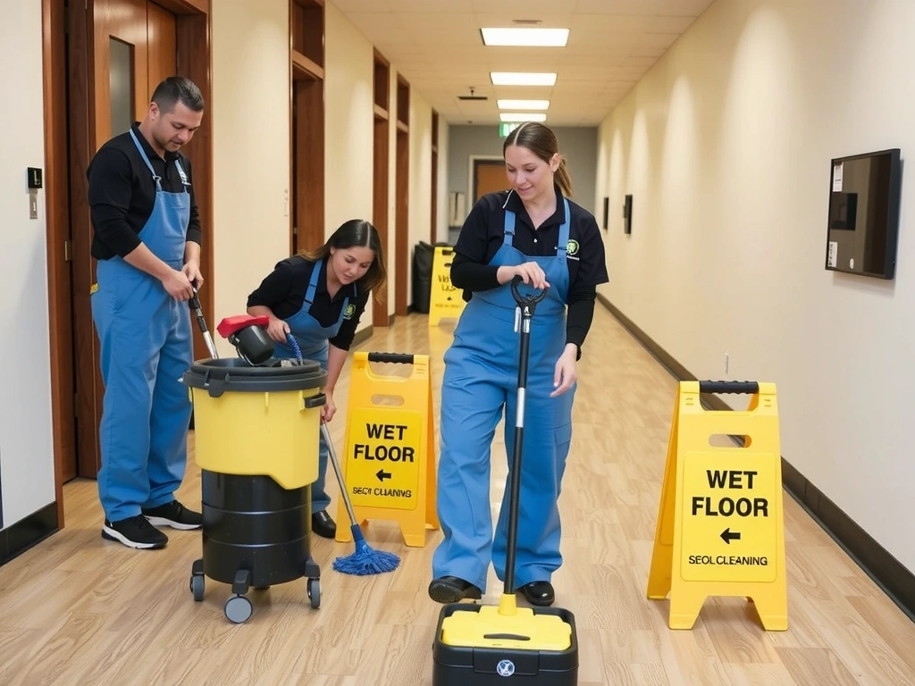 CleaningPlus team preparing equipment and safety signs.
