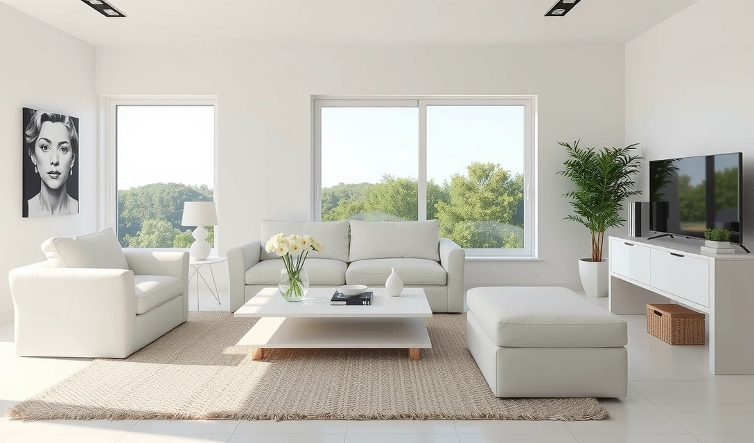 A sparkling clean living room with bright natural light, fresh flowers, and neatly arranged furniture, showcasing the results of professional residential cleaning.