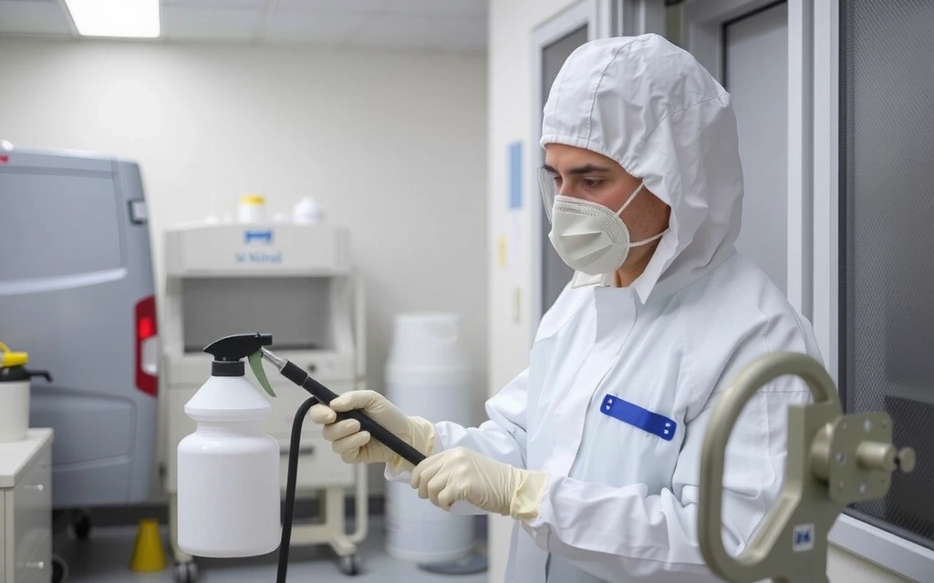 A technician performing detailed disinfection of surfaces in a healthcare facility
