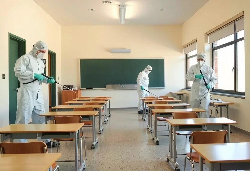 A team disinfecting a school classroom after an illness outbreak