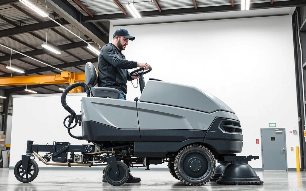 Advanced cleaning equipment in action, such as a large floor scrubber with a professional operator