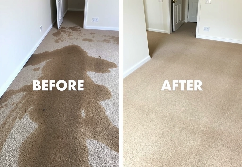 Before and after comparison of a heavily stained carpet being cleaned