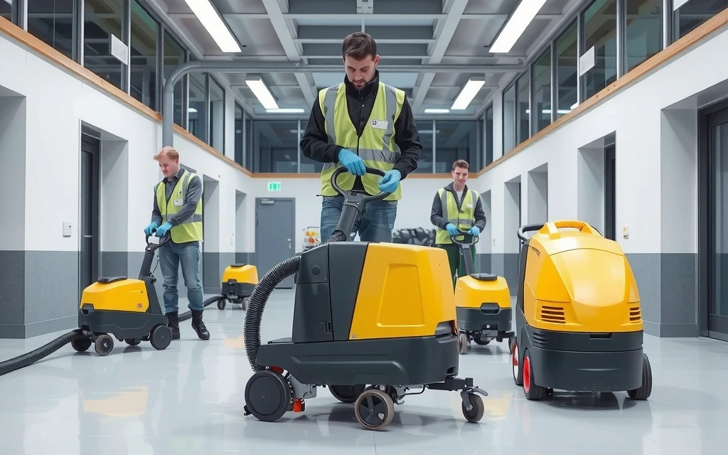 Professional cleaning crew using specialized equipment in a commercial building
