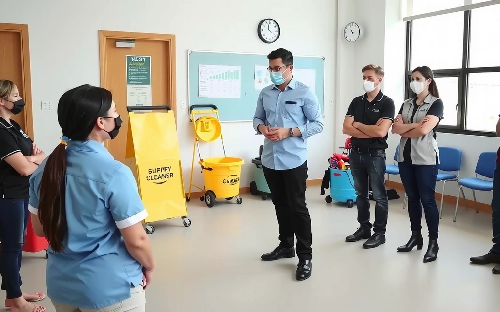 Training session for professional cleaners on new disinfection protocols