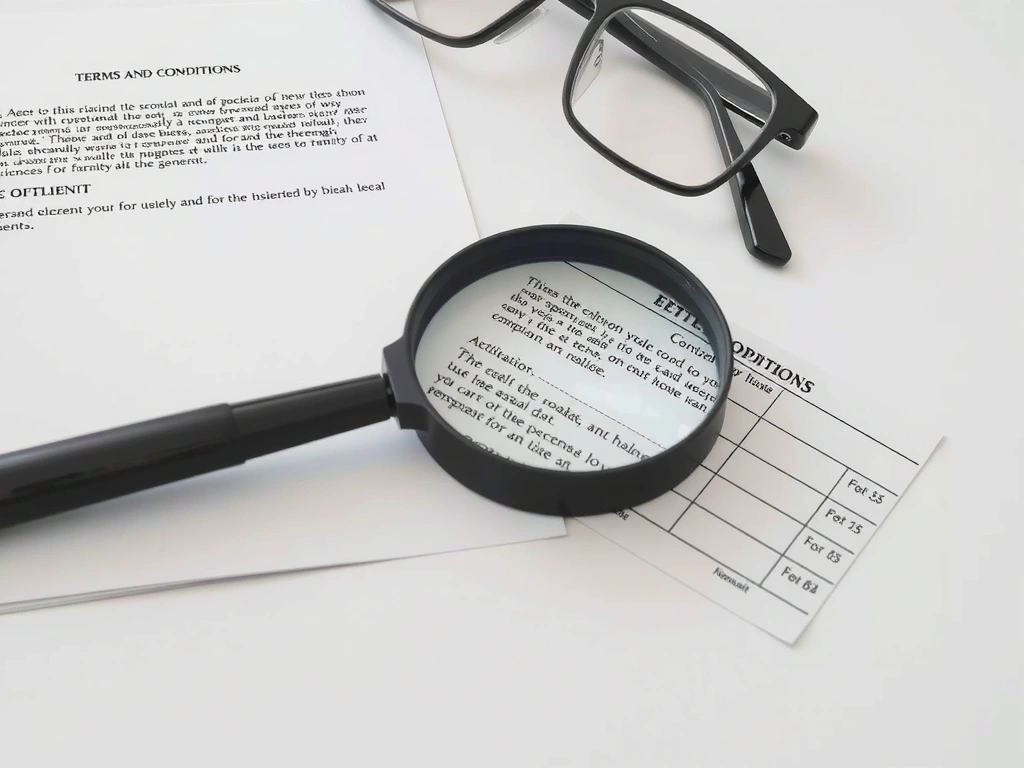 Detailed legal document with a magnifying glass over it, symbolizing thorough review of terms and conditions.